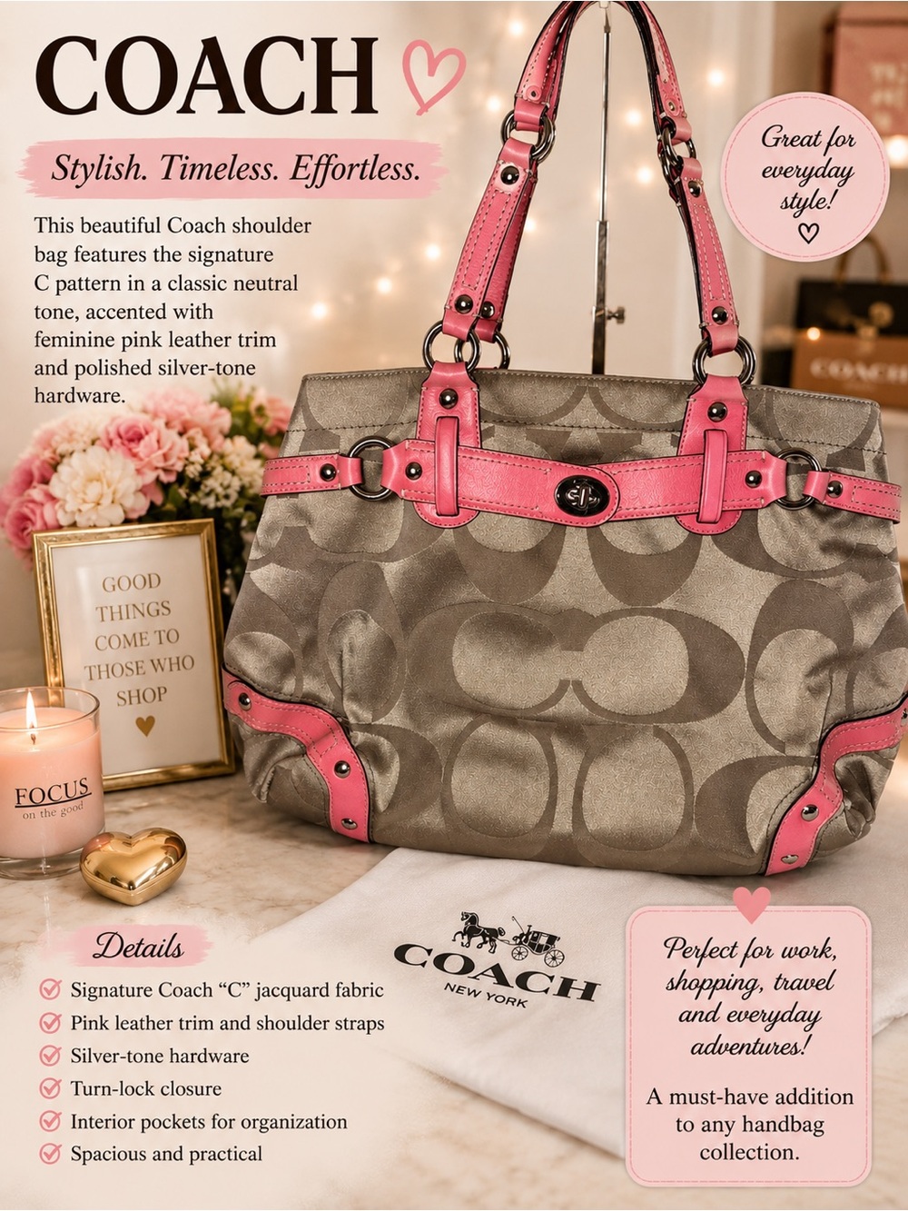 Coach Brown Signature Tote with Pink Trim-Y2K - Picture 1 of 10
